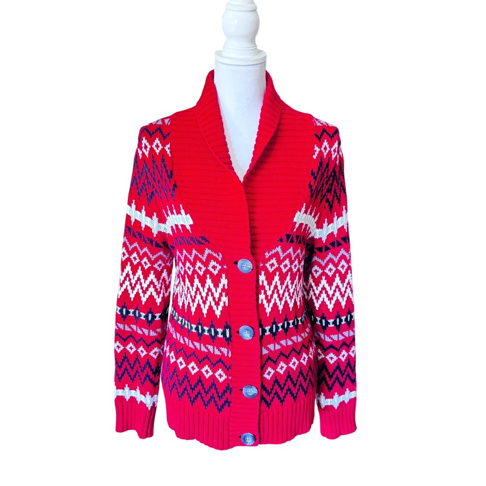 Bass G.H. Bass & Co Women's Red Fair Isle Cotton Shawl Collar Cardigan Sweater M